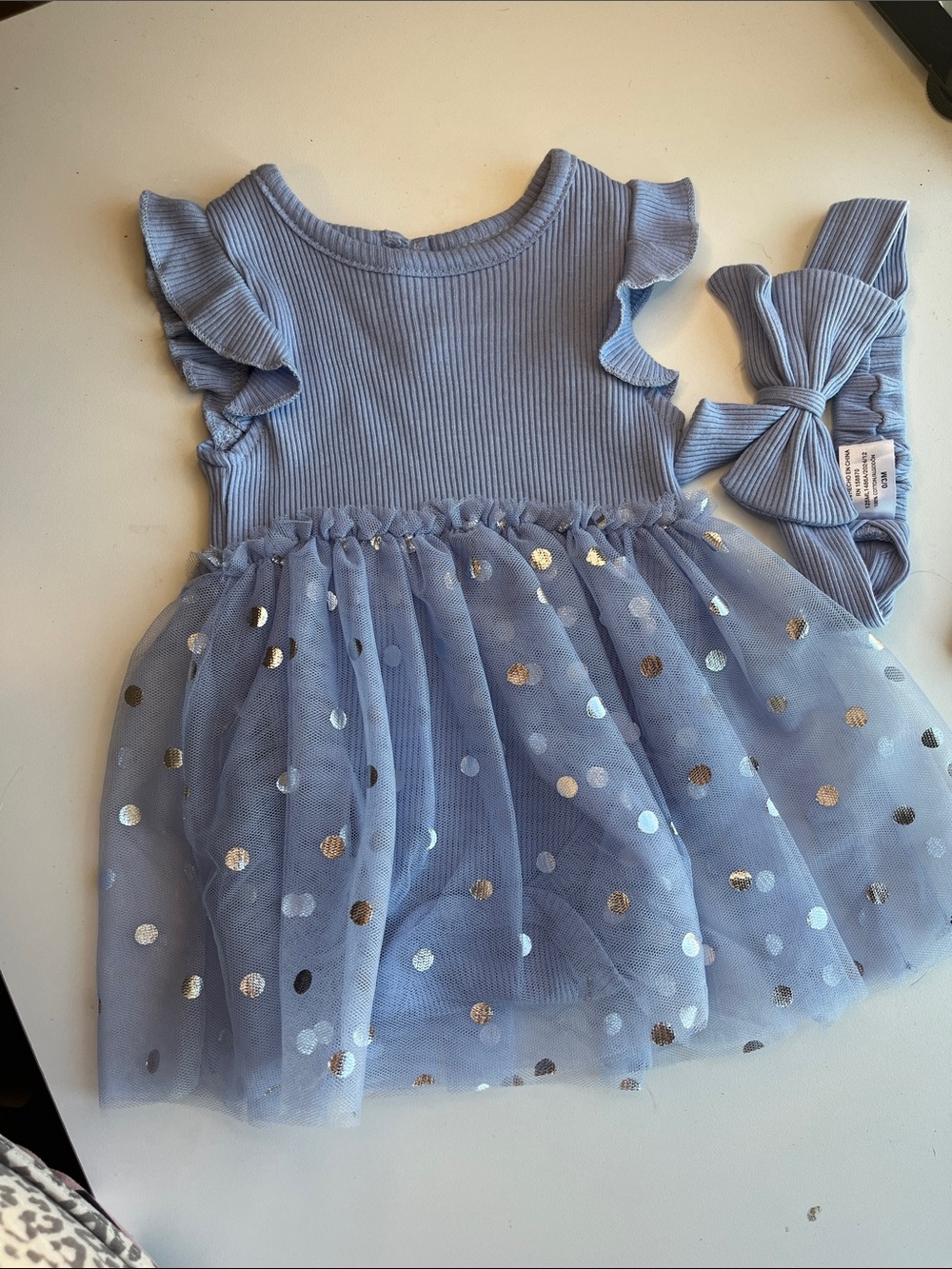 Madison Light Blue Tulle Party Dress with Polka Dot Shine and Matching Bow